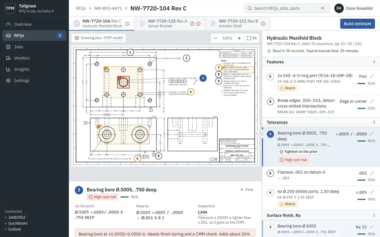 Drawing read in 38 seconds, cost risks flagged