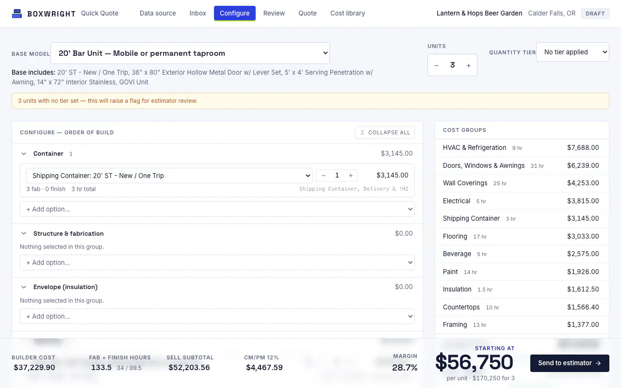 Configure: rule-checked options, live price